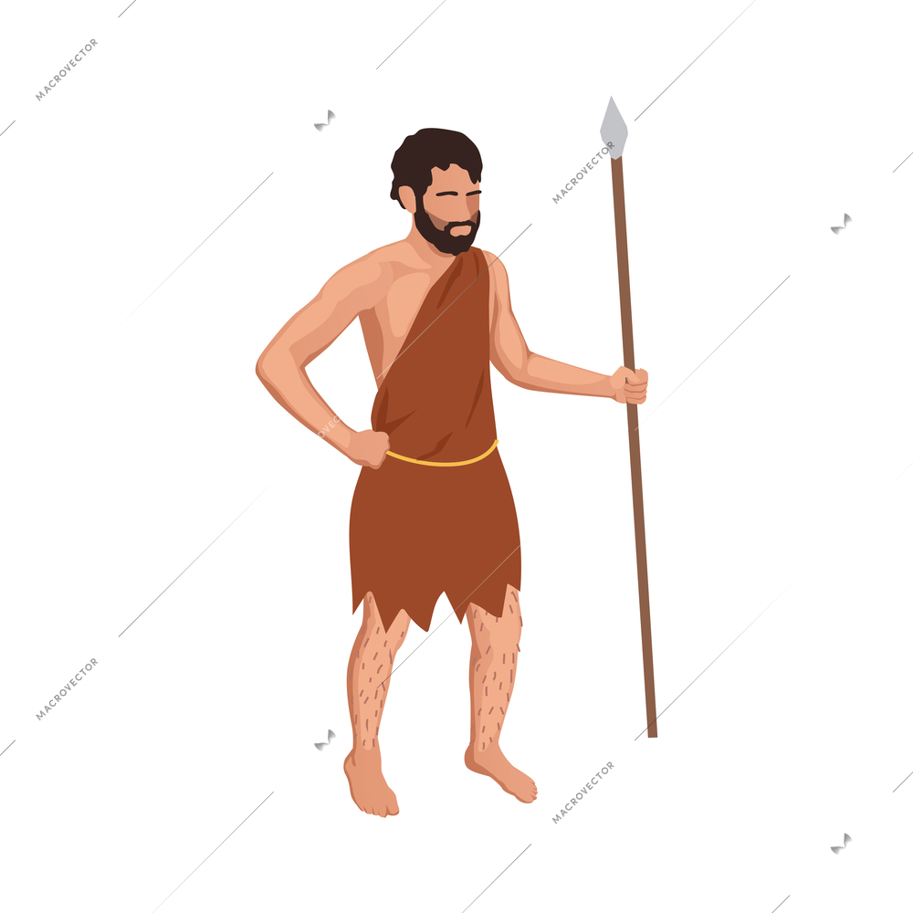 Caveman prehistoric primitive people composition with isolated character of ancient man armed with spear pike vector illustration