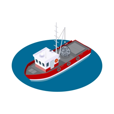 Fish industry seafood production isometric composition with isolated image of fishing boat loaded fish net vector illustration