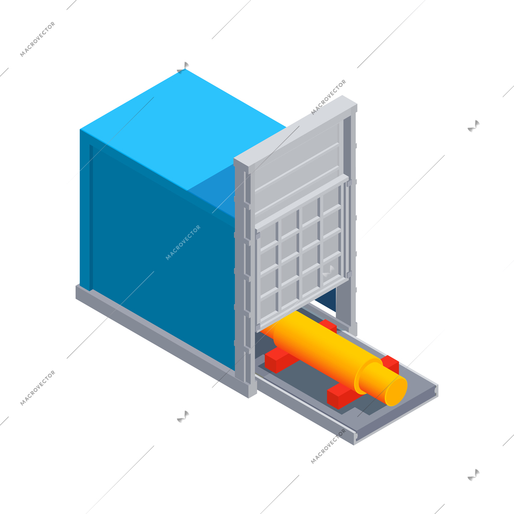 Metallurgy foundry industry isometric composition with factory unit and open door with ready goods vector illustration