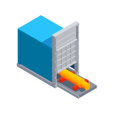 Metallurgy foundry industry isometric composition with factory unit and open door with ready goods vector illustration