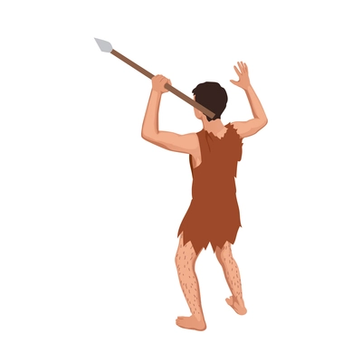 Caveman prehistoric primitive people composition with isolated character of ancient man armed with spear vector illustration