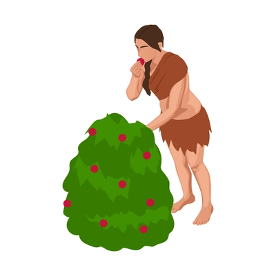 Caveman prehistoric primitive people composition with character of ancient woman eating berries gathered from bush vector illustration