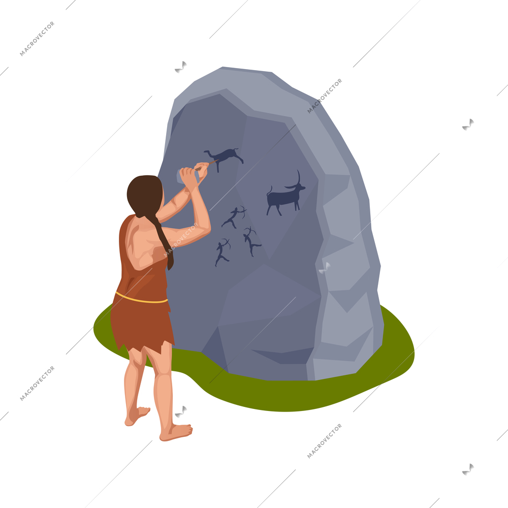 Caveman prehistoric primitive people composition with isolated character of woman carving drawings of animals on stone vector illustration