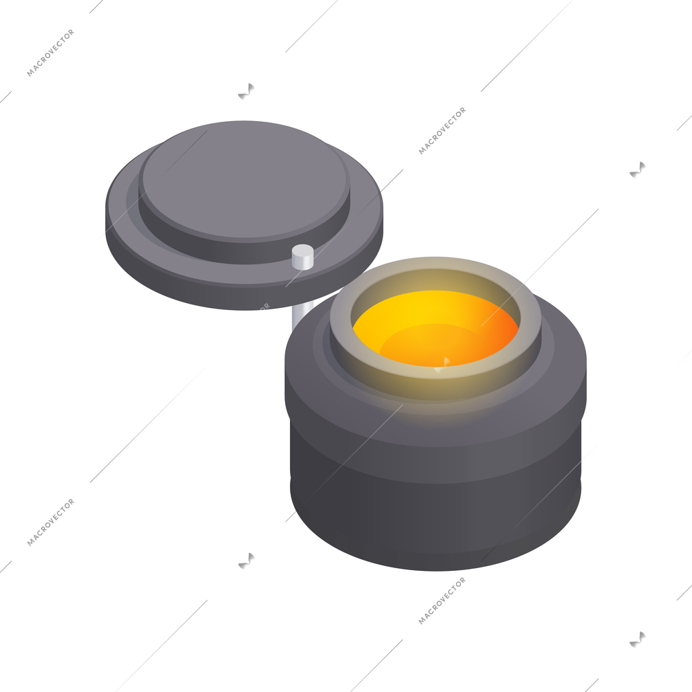 Metallurgy foundry industry isometric composition with cylinder shaped tank with liquid metal vector illustration