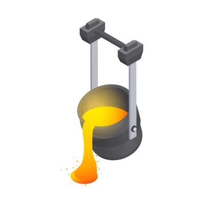 Metallurgy foundry industry isometric composition with molten steel pouring out of metal bucket vector illustration