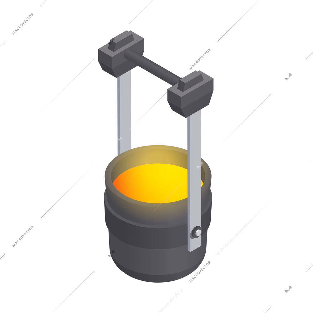 Metallurgy foundry industry isometric composition with isolated image of hanging bucket with molten steel vector illustration