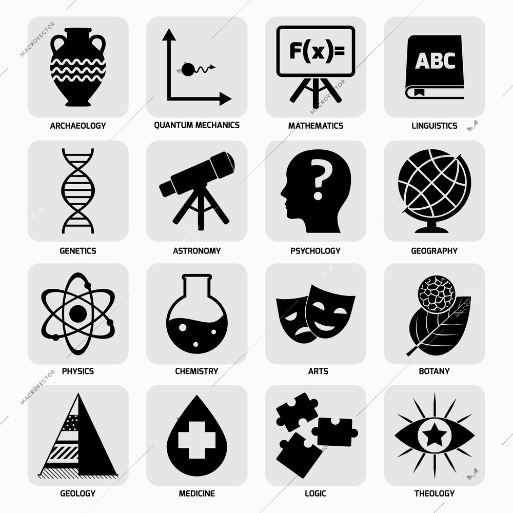 Science areas black icons set with archaeology quantum mechanics mathematics isolated vector illustration