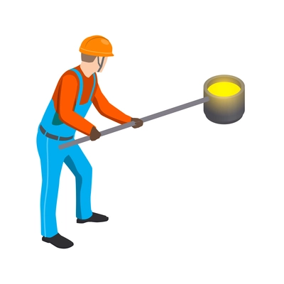 Metallurgy foundry industry isometric composition with character of worker in uniform holding pot with liquid metal vector illustration