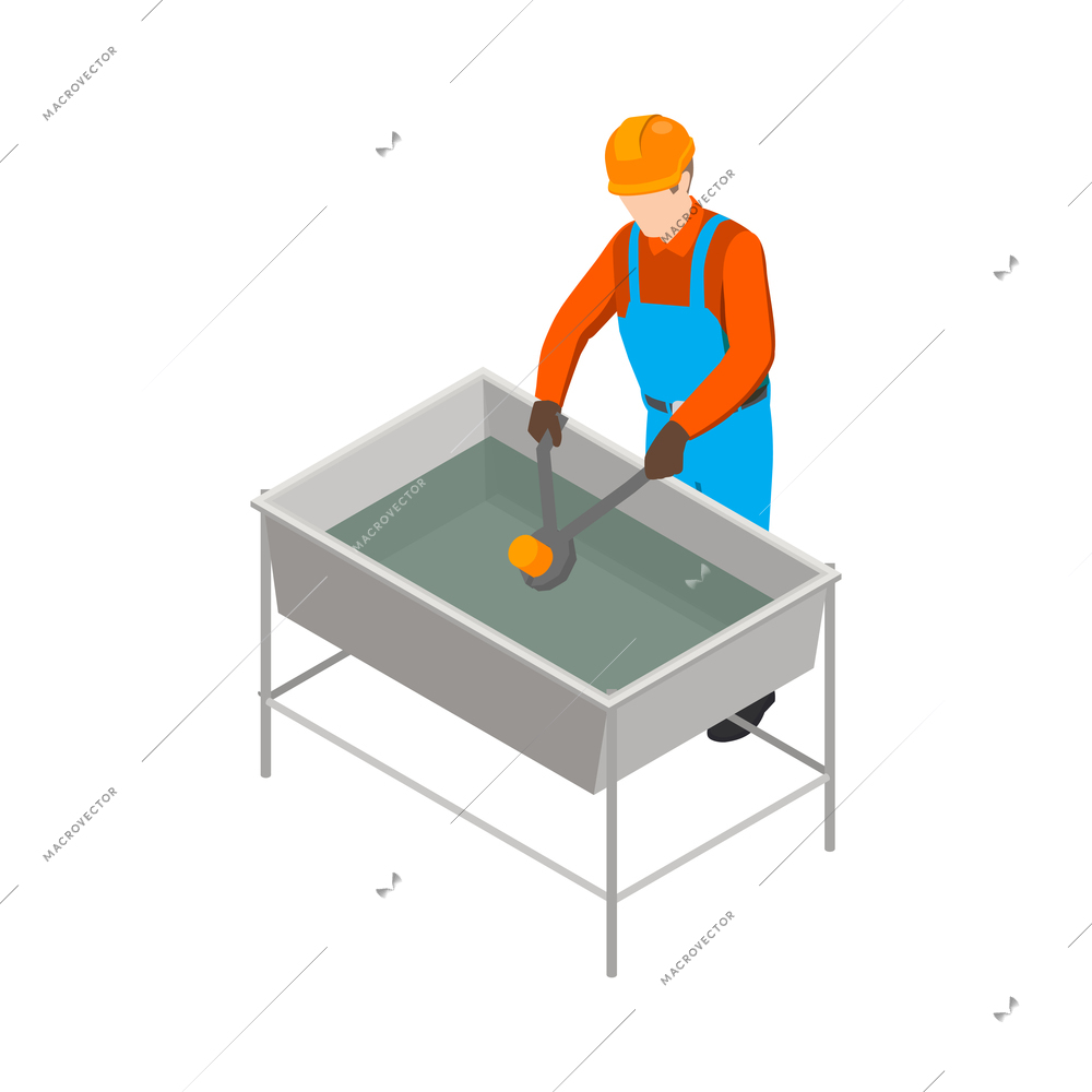Metallurgy foundry industry isometric composition with worker cooling hardware piece in water bath vector illustration