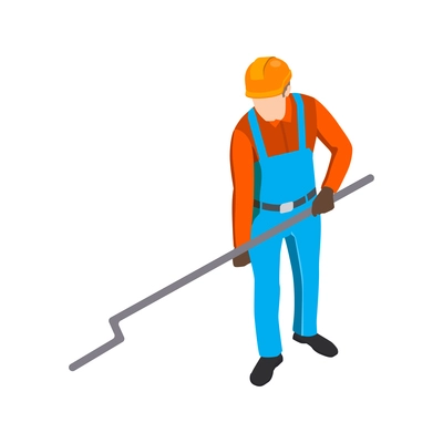 Metallurgy foundry industry isometric composition with character of male worker in uniform holding stick vector illustration