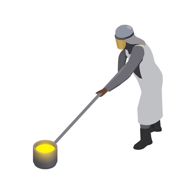 Metallurgy foundry industry isometric composition with isolated character of worker in protective suit vector illustration