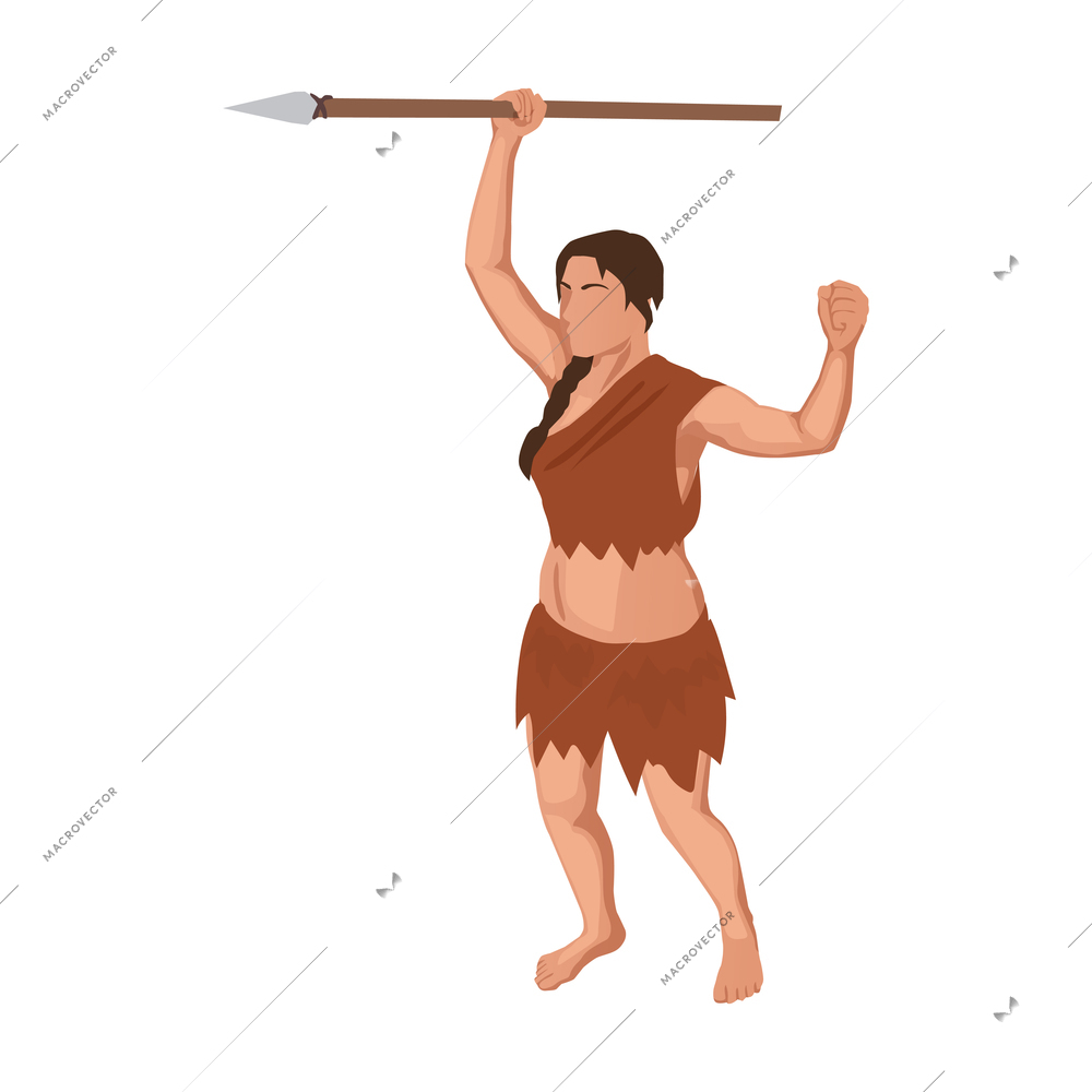 Caveman prehistoric primitive people composition with isolated character of ancient woman armed with spear pike vector illustration