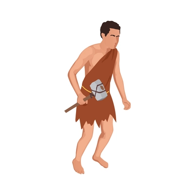 Caveman prehistoric primitive people composition with isolated character of ancient man holding hammer made of stone vector illustration