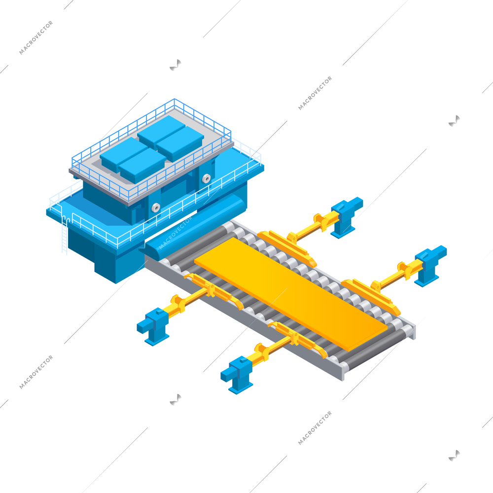 Metallurgy foundry industry isometric composition with isolated image of factory conveyor facility with incandescent metal vector illustration