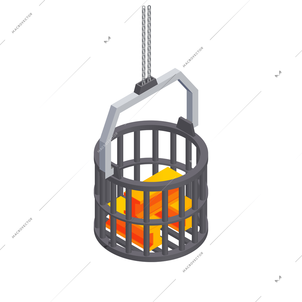 Metallurgy foundry industry isometric composition with hanging bucket with newly made metal goods vector illustration