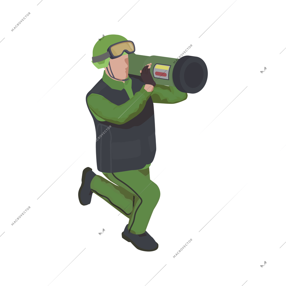 Army soldier people isometric composition with character of soldier with portable anti tank missile launcher vector illustration