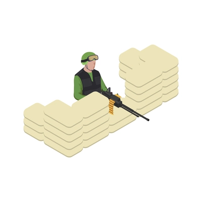 Army soldier people isometric composition with isolated image of firing point with gun operated by soldier vector illustration