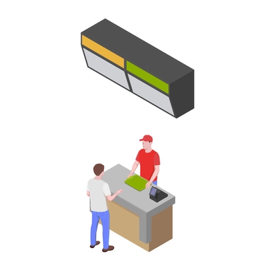 Food court isometric composition with view of counter with characters of cashier and guest vector illustation