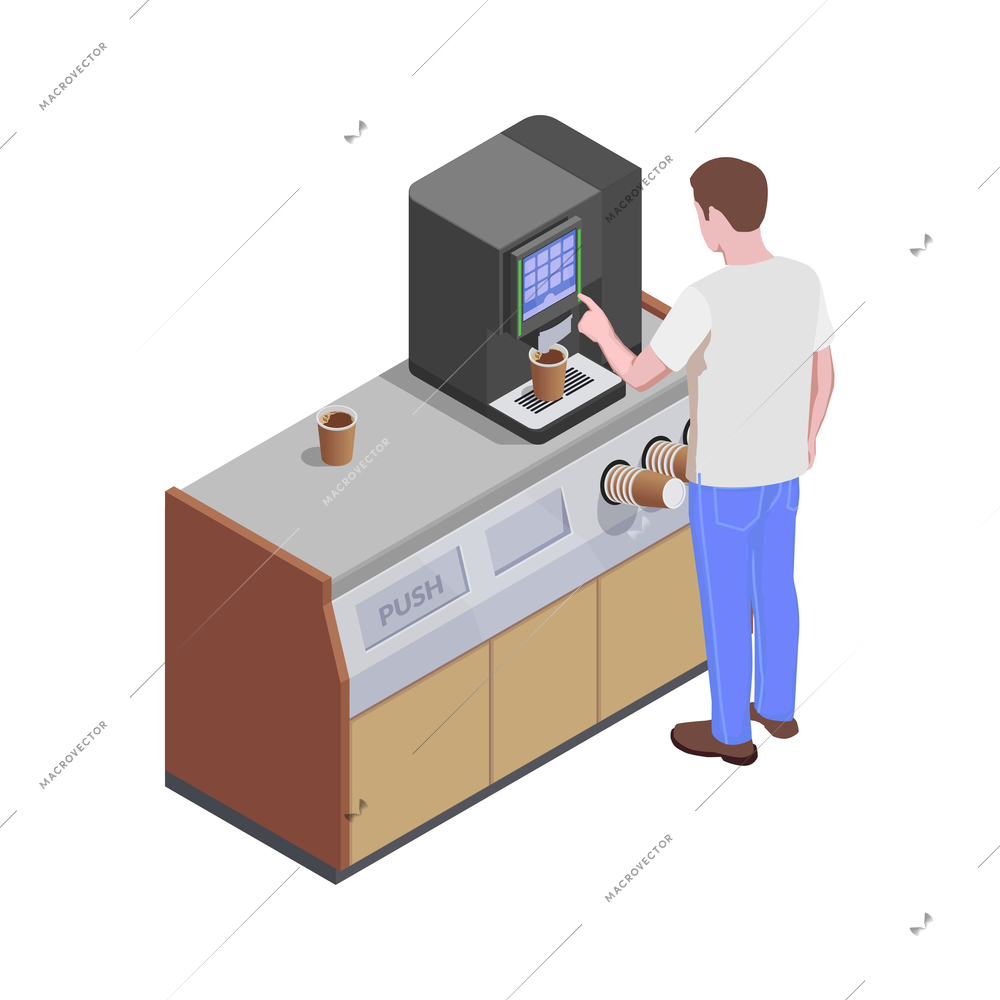 Food court isometric composition with male character of guest making coffee in automated machine vector illustation