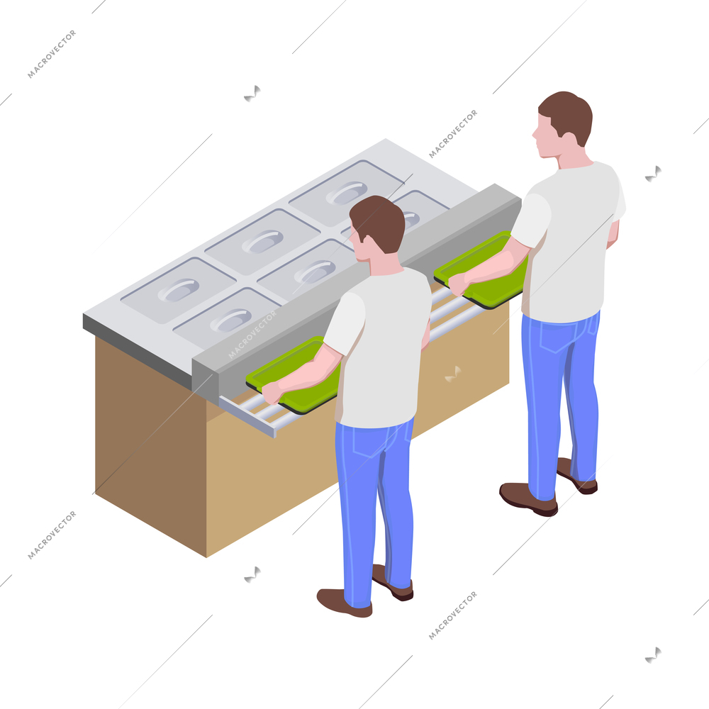 Food court isometric composition with male characters of guests standing in line with trays for self service vector illustation