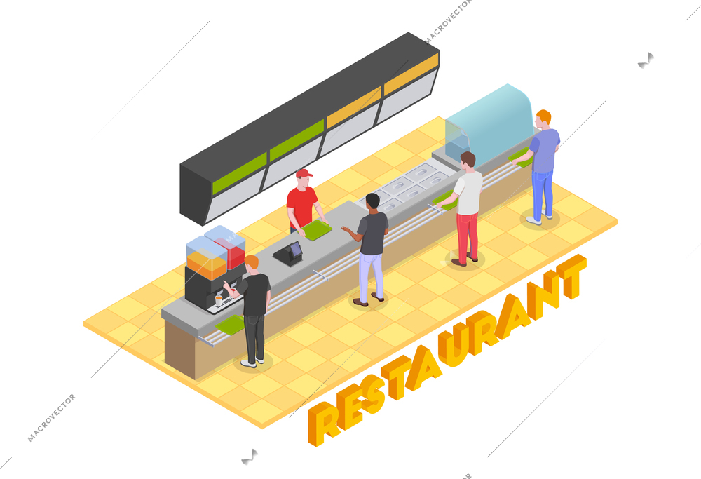 Food court isometric composition with characters of guests and cashier at counter of fast food restaurant with text vector illustation