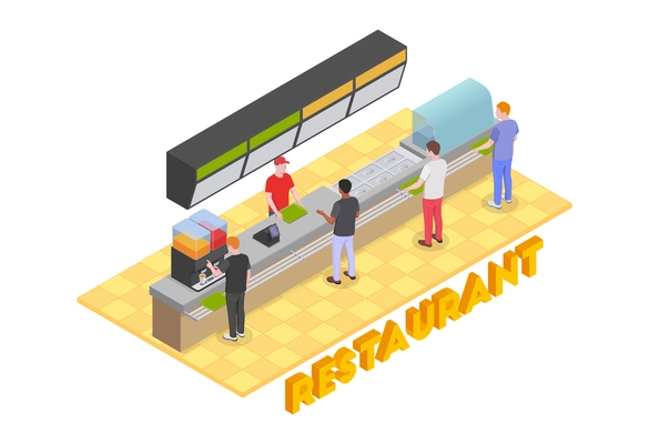 Food court isometric composition with characters of guests and cashier at counter of fast food restaurant with text vector illustation