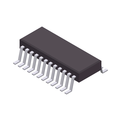 Semiconductor chip production isometric composition with isolated image of microcontroller with silver legs vector illustration