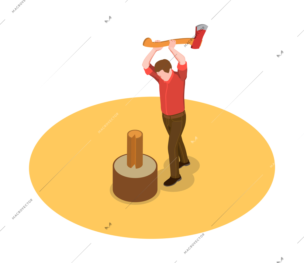 Sawmill timber mill lumberjack isometric composition with human character holding axe and wood trunk vector illustration