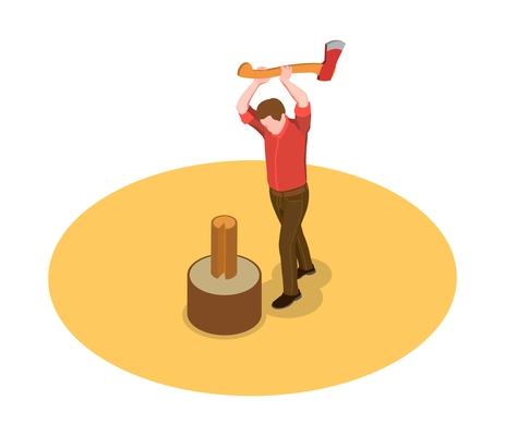 Sawmill timber mill lumberjack isometric composition with human character holding axe and wood trunk vector illustration