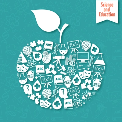 Science and education areas white icons set in apple with leaf shape vector illustration.