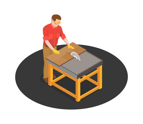 Sawmill timber mill lumberjack isometric composition with worker cutting wood with wheel unit vector illustration