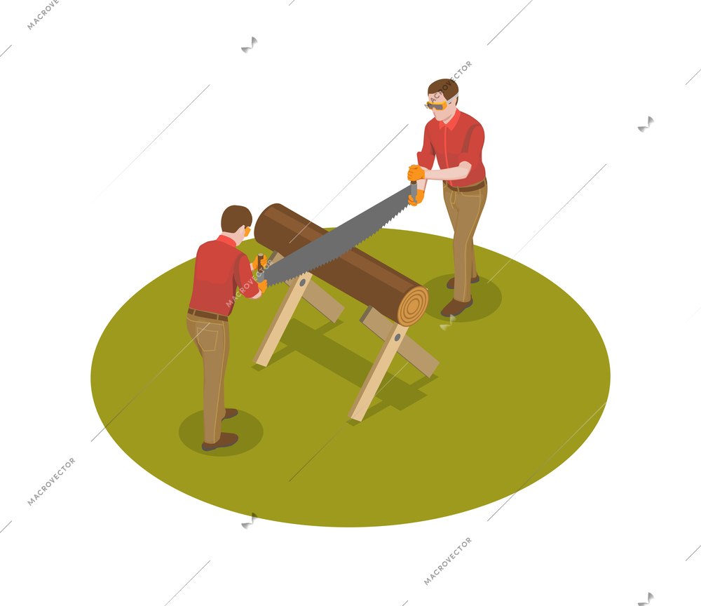 Sawmill timber mill lumberjack isometric composition with two workers cutting wood with two handed saw vector illustration