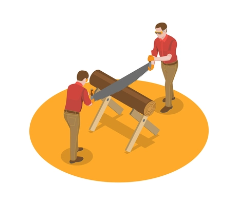 Sawmill timber mill lumberjack isometric composition with two workers cutting wood with two handed saw vector illustration
