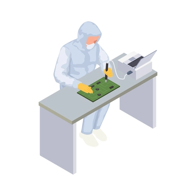 Semiconductor chip production isometric composition with view of workplace with worker soldering chips to circuit board vector illustration