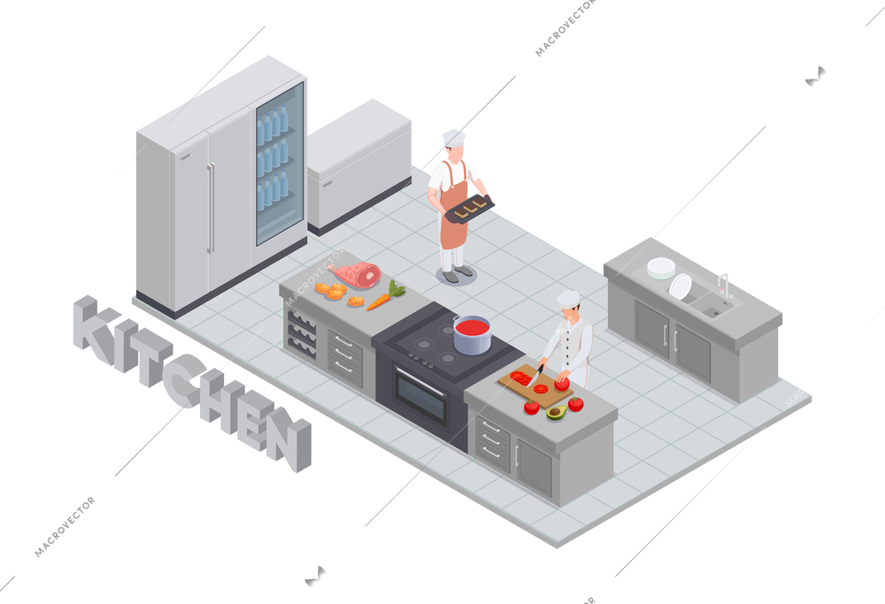 Food court isometric composition with view of big kitchen with cooks characters fridges and range vector illustation