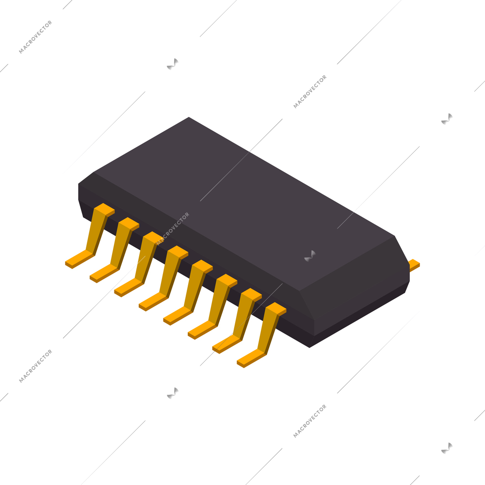 Semiconductor chip production isometric composition with isolated image of microprocessor with golden contact elements vector illustration