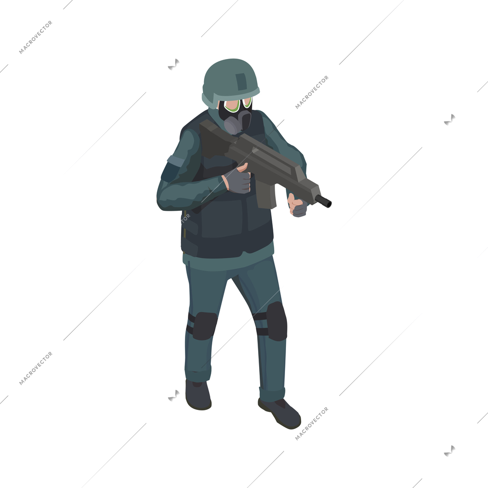 Army soldier people isometric composition with character of equipped soldier with gun and respirator vector illustration