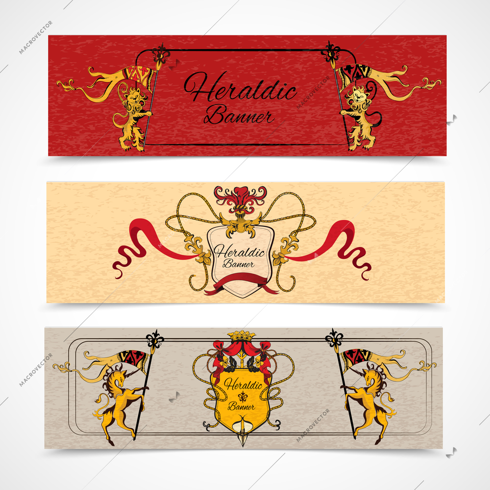Heraldic design colored retro monogram sketch horizontal banners set isolated vector illustration.