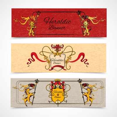 Heraldic design colored retro monogram sketch horizontal banners set isolated vector illustration.