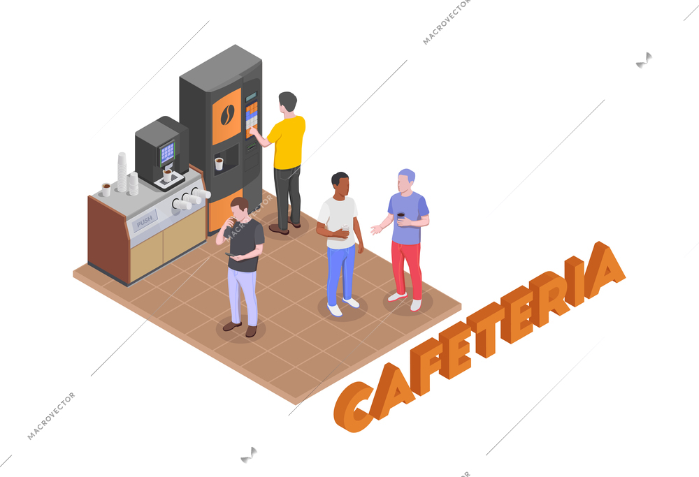 Food court isometric composition with text and human characters of guests with coffee vending machines vector illustation