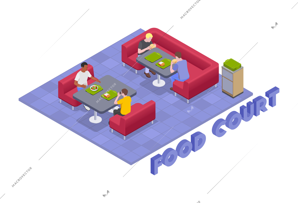 Food court isometric composition with view of food court venue with soft seats tables and eating people vector illustation