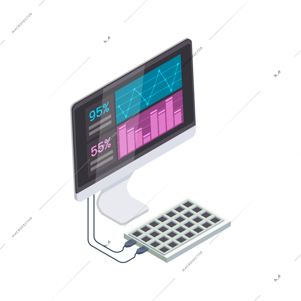 Semiconductor chip production isometric composition with isolated image of computer testing newly made silicon chips vector illustration