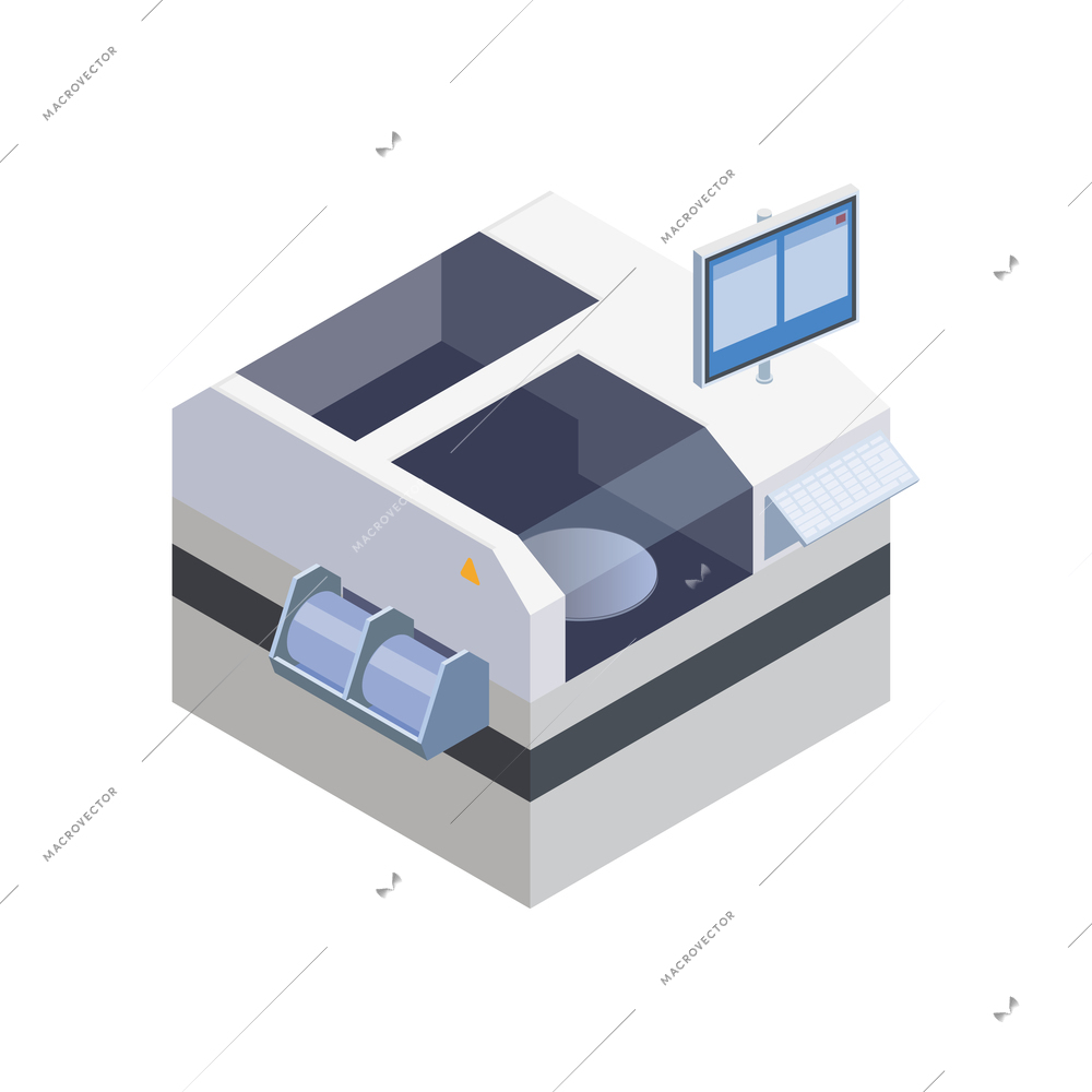 Semiconductor chip production isometric composition with isolated image of processing unit equipped with computer vector illustration