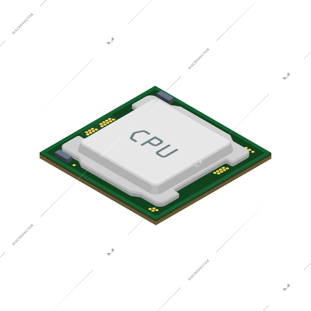 Semiconductor chip production isometric composition with isolated image of central processing unit vector illustration