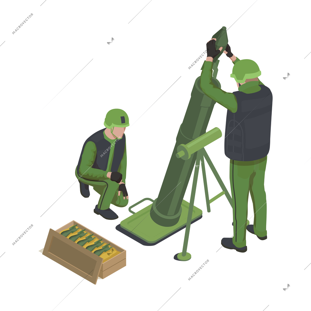 Army soldier people isometric composition with characters of two soldiers loading trench mortar vector illustration