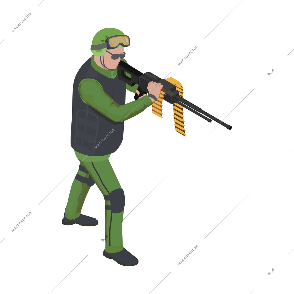 Army soldier people isometric composition with character of equipped soldier pointing his gun vector illustration