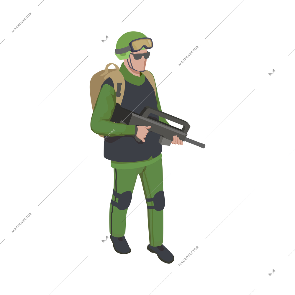 Army soldier people isometric composition with character of equipped soldier with gun vector illustration