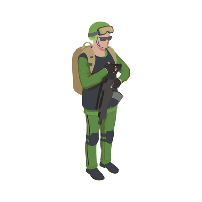 Army soldier people isometric composition with character of equipped soldier with backpack and gun vector illustration
