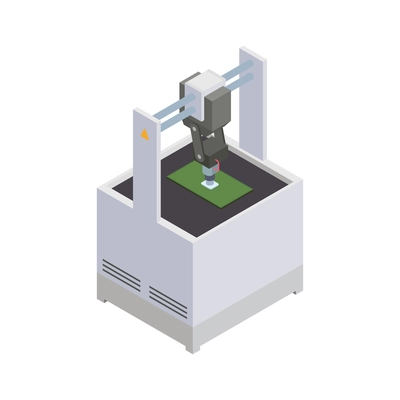 Semiconductor chip production isometric composition with isolated image of electric unit with circuit board vector illustration