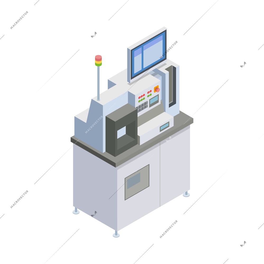 Semiconductor chip production isometric composition with isolated image of lab workplace with electronic appliance vector illustration